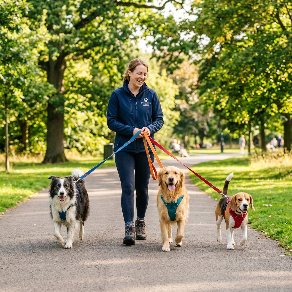 Professionelle Tiersitterin geht mit mehreren Hunden im Park gassi