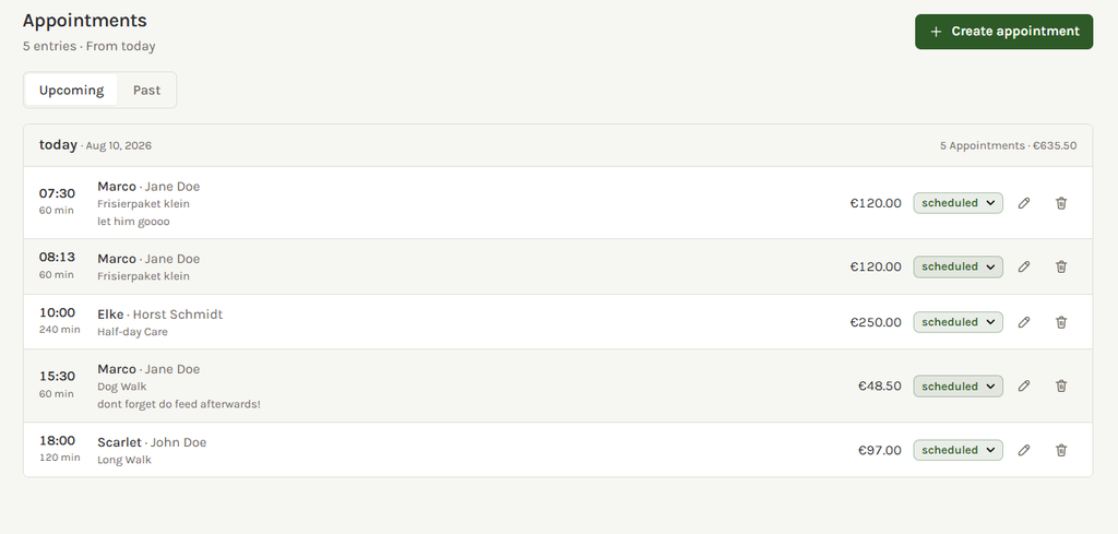 Terminliste mit Uhrzeit, Leistung, Preis und Status