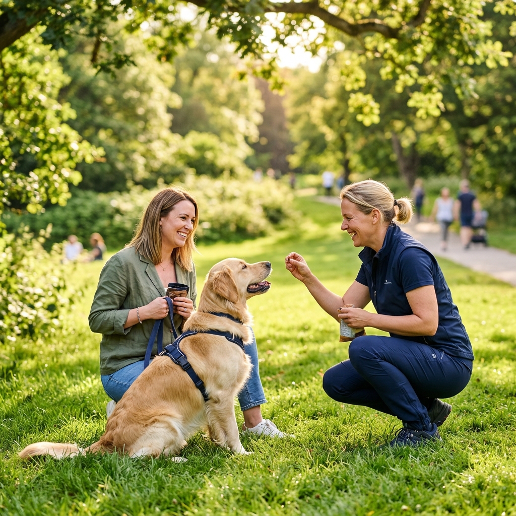 Dog groomer working outdoors with a dog